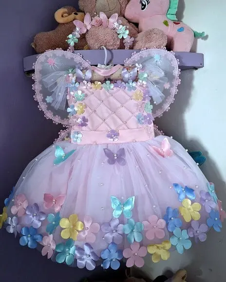 Vestido Infantil Encantado Rosa Luxo + Faixa + Asa