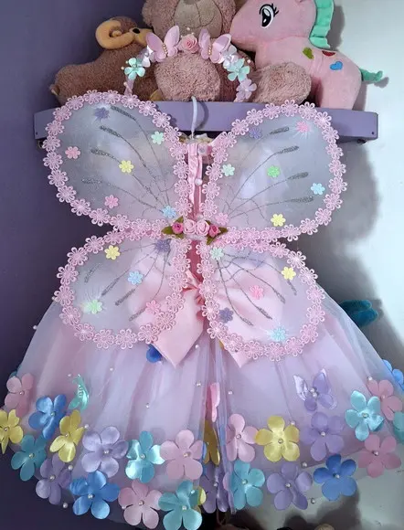 Vestido Infantil Encantado Rosa Luxo + Faixa + Asa