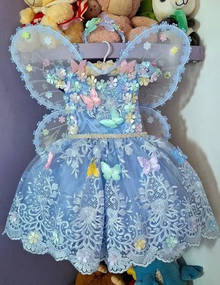 Vestido Infantil Jardim Encantado Azul+asa+faixa