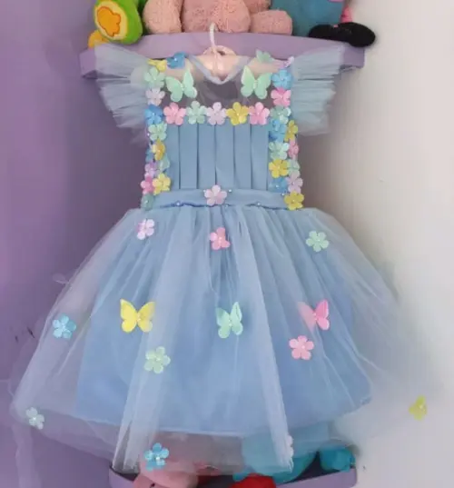Vestido Infantil Jardim Encantado Azul Bebê Luxo