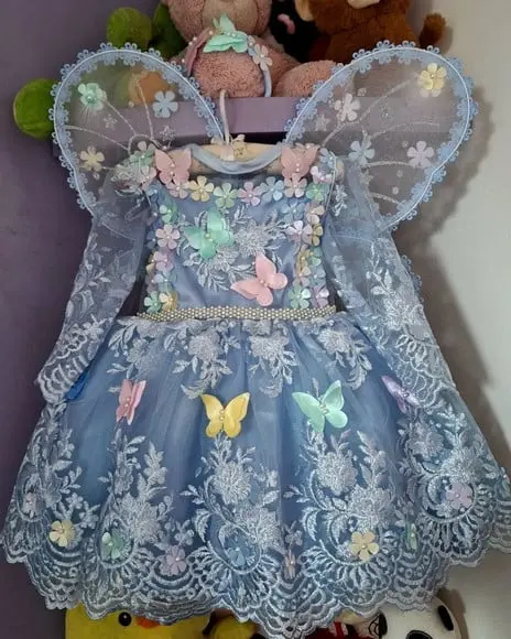 Vestido Infantil Jardim Encantado Manga Longa Azul+asa+faixa