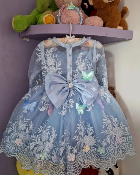 Vestido Infantil Jardim Encantado Manga Longa Azul+asa+faixa