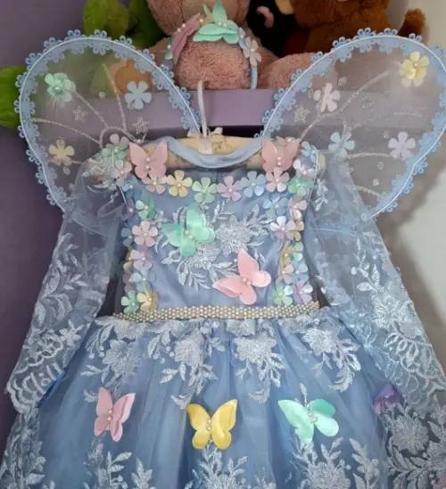 Vestido Infantil Jardim Encantado Manga Longa Azul+asa+faixa