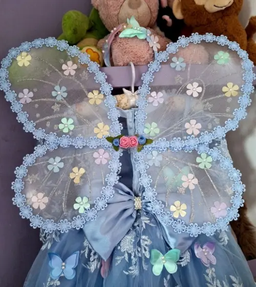 Vestido Infantil Jardim Encantado Manga Longa Azul+asa+faixa