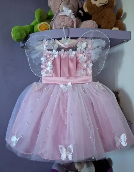 Vestido Infantil Jardim Encantado Rosa + Faixa + Asa