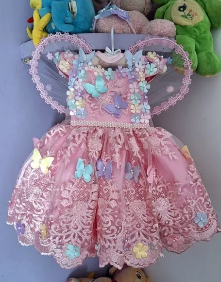 Vestido Infantil Jardim Encantado Rosa Tule Bordad+asa+faixa
