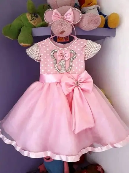 Vestido Infantil Minnie Rosa Luxo com Tiara
