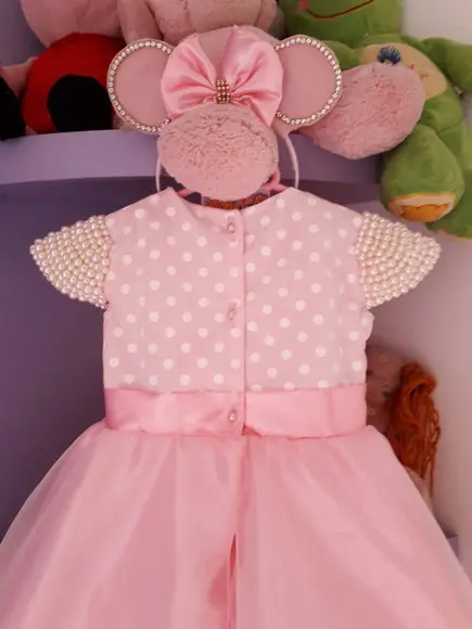 Vestido Infantil Minnie Rosa Luxo com Tiara