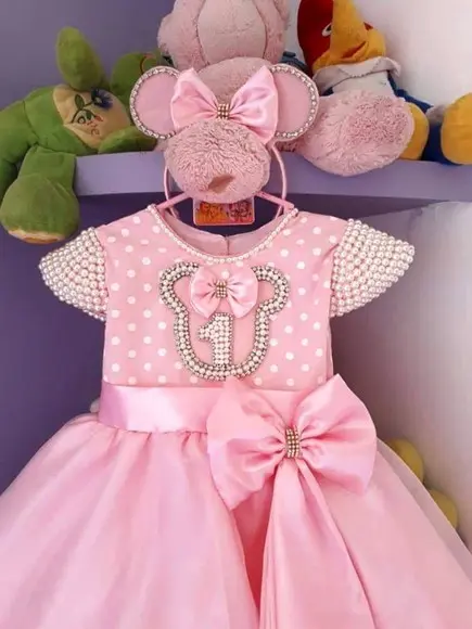Vestido Infantil Minnie Rosa Luxo com Tiara