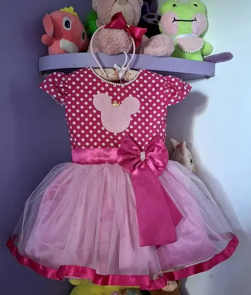 Vestido Infantil Minnie Rosa Pink com Tiara