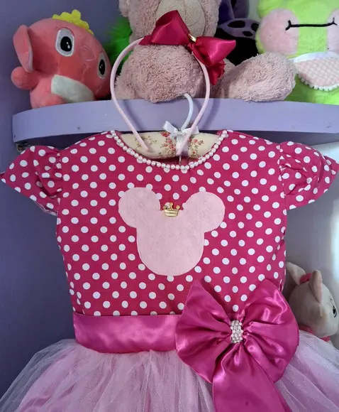 Vestido Infantil Minnie Rosa Pink com Tiara