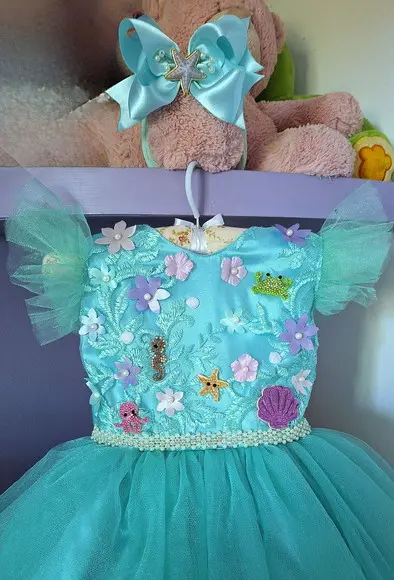 Vestido Infantil Tema Sereia Fundo do Mar