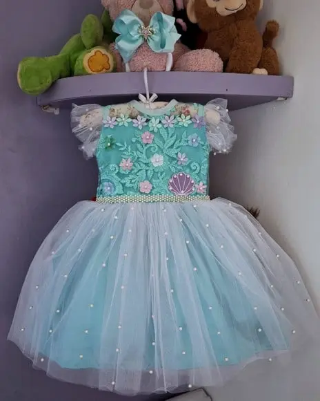 Vestido Infantil Tema Sereia Fundo do Mar Luxo