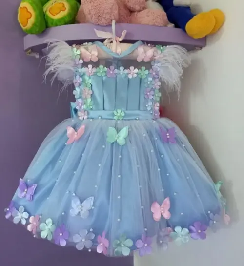 Vestido Jardim Encantado Azul Luxo+ Asa+faixa