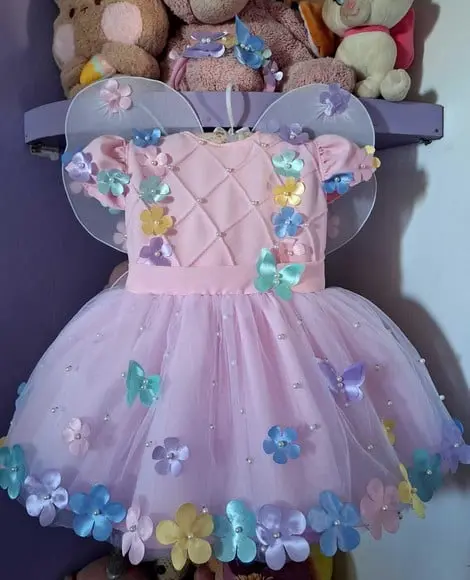 Vestido Jardim Encantado Luxo Rosa + Faixa + Asa