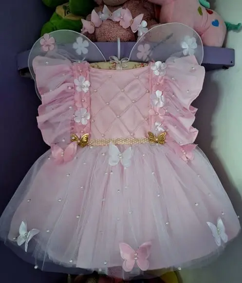Vestido Jardim Encantado Luxo Rosa 6+ Faixa + Asa