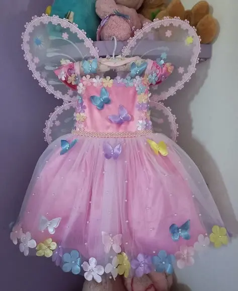 Vestido Jardim Encantado Rosa Luxo+ Asa+faixa