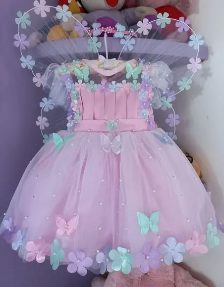 Vestido Jardim Encantado Rosa+ Asa+faixa de Luxo