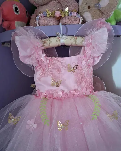 Vestido Jardim Encantado Super Luxo Rosa + Asa