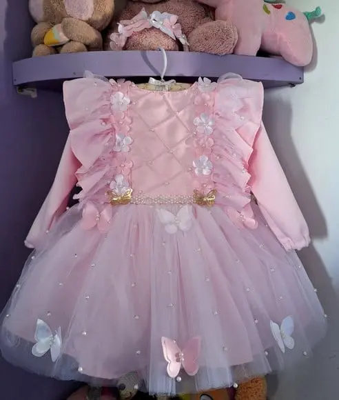 Vestido Jardim Manga Longa Rosa Luxo