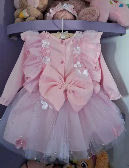 Vestido Jardim Manga Longa Rosa Luxo