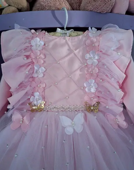 Vestido Jardim Manga Longa Rosa Luxo