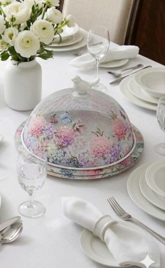 Cobre alimentos aramado 30 cm com base em mdf e vidro com decoupa