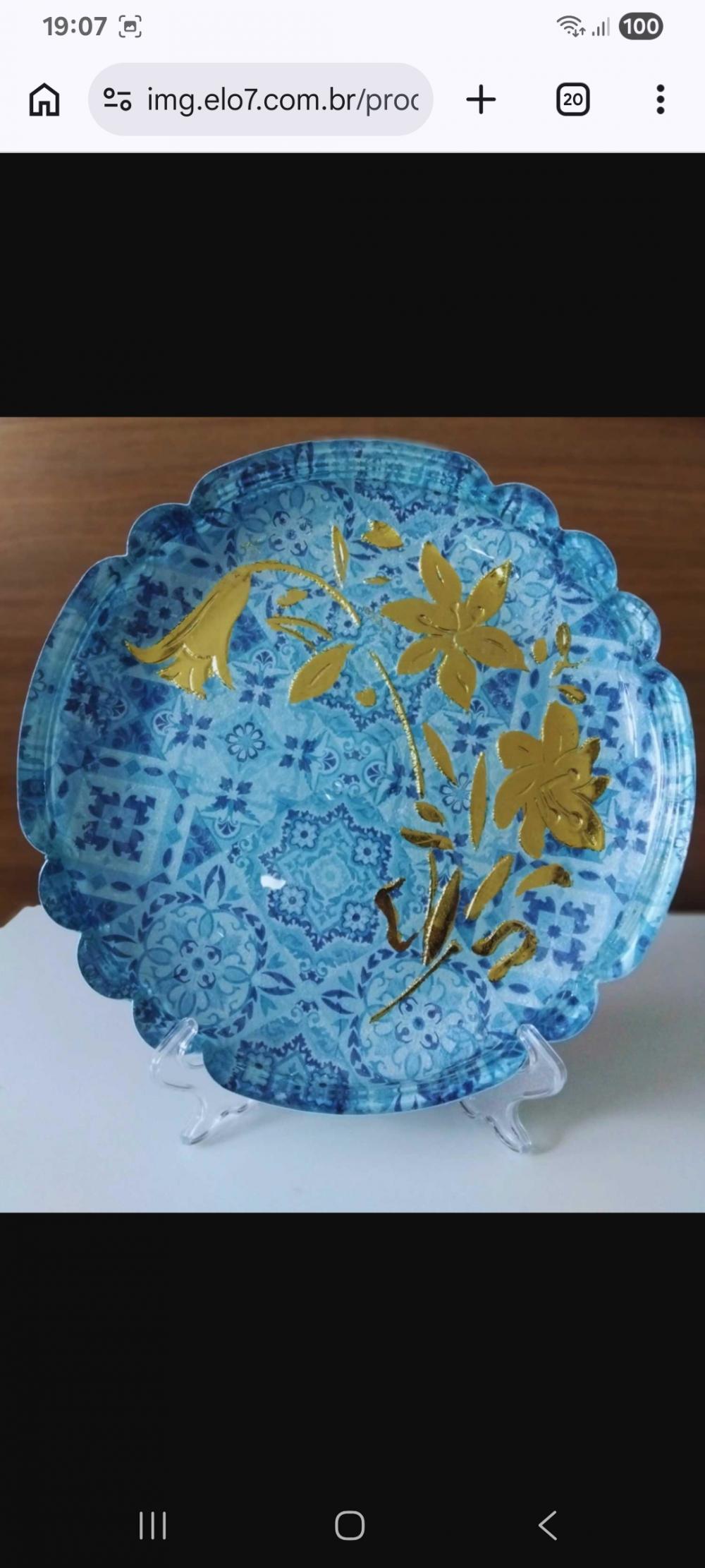 Prato de bolo em vidro com decoupage artesanal 32 cm