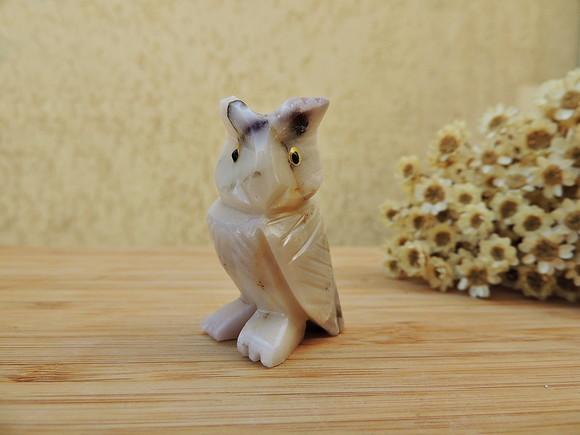 Coruja Em Pedra Natural - Creme Com Manchas Escuras