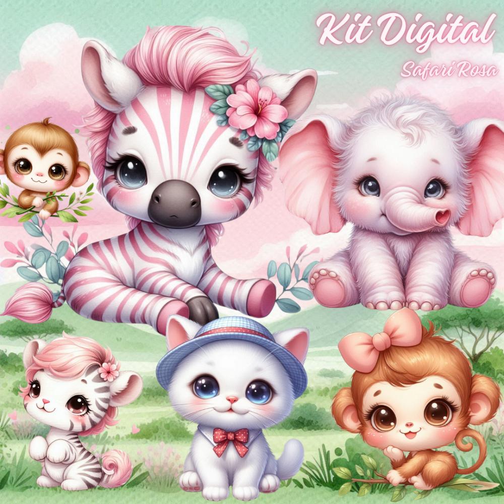 Kit Digital Safari Aquarela Rosa