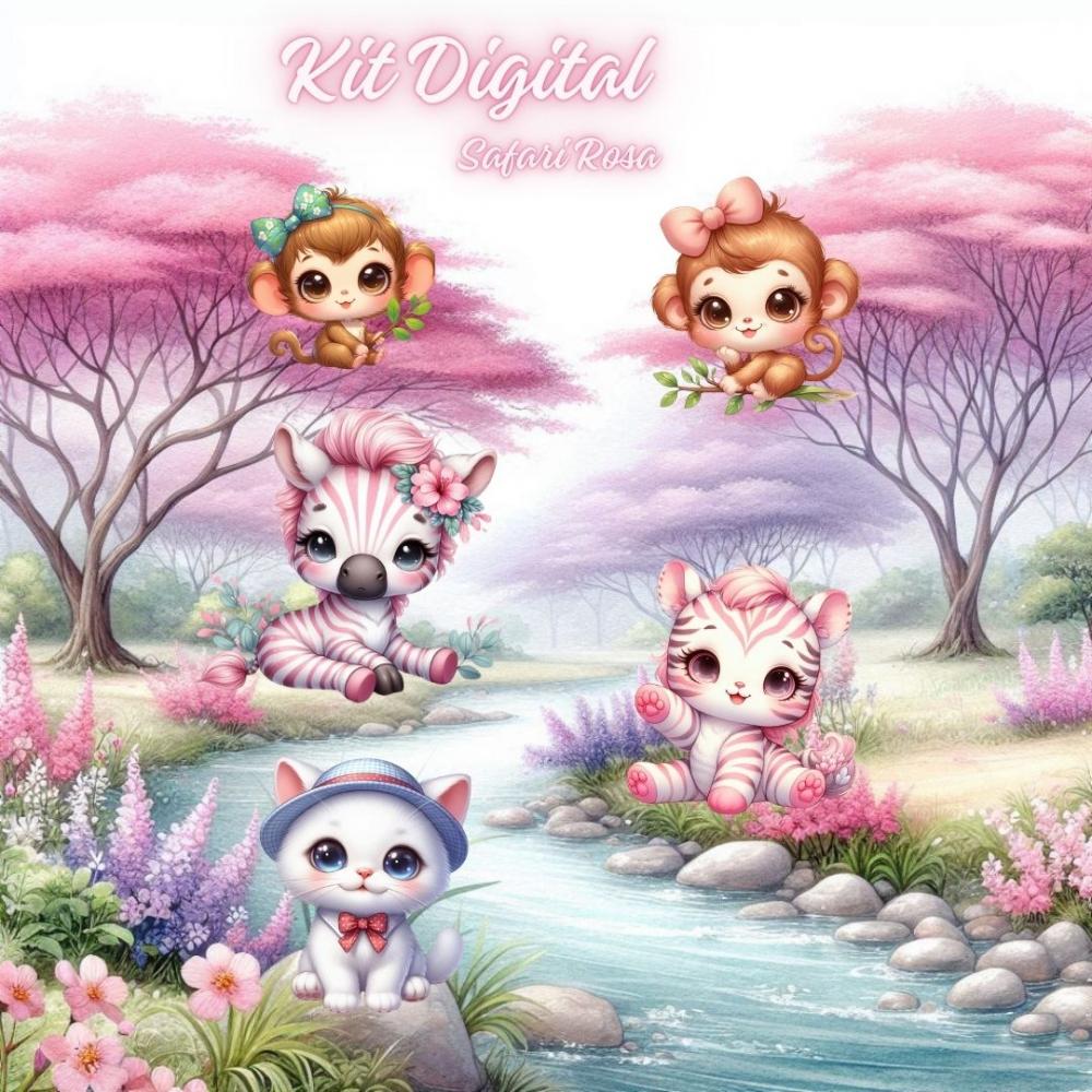 Kit Digital Safari Rosa Aquarelado