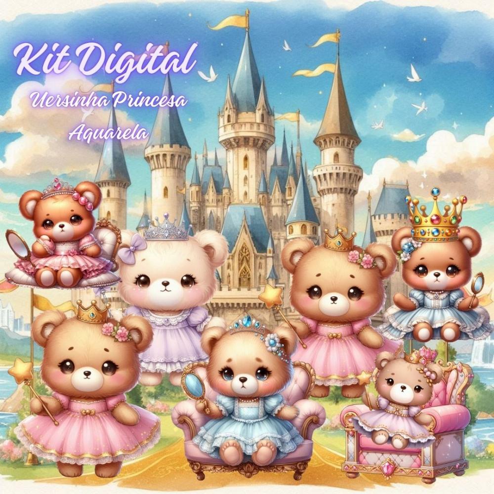 Kit Digital Ursinha Princesa Aquarela