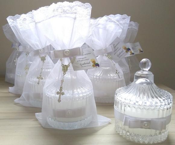 Bomboniere c/ Vela e Tag Personalizada, Organza, Mini Terço