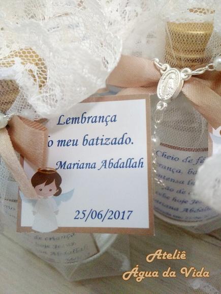 Lembrancinha Batizado Água Benta Vidro com Terço e Organza