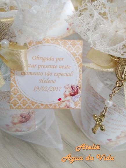 Lembrancinha Batizado Água Benta Vidro com Terço e Organza