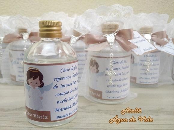 Lembrancinha Batizado Água Benta Vidro com Terço e Organza