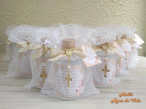 Lembrancinha Batizado Água Benta Vidro com Terço e Organza