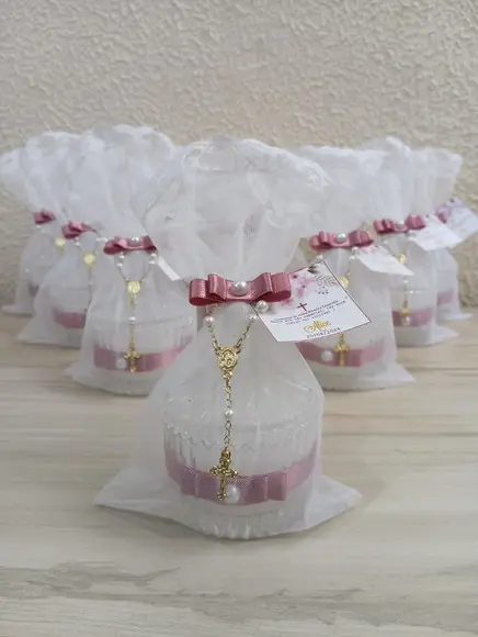 Bomboniere c/ Vela e Tag Personalizada, Organza, Mini Terço