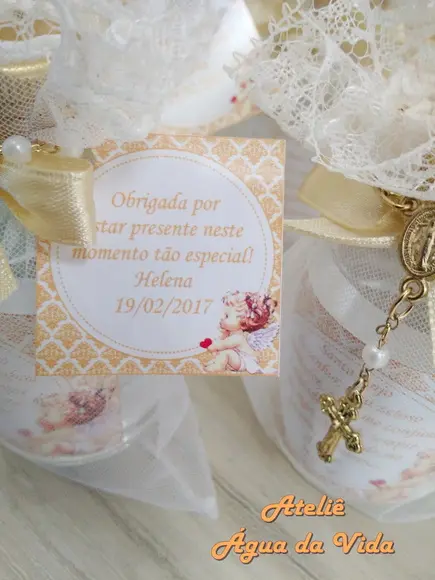 Lembrancinha Batizado Água Benta Vidro com Terço e Organza