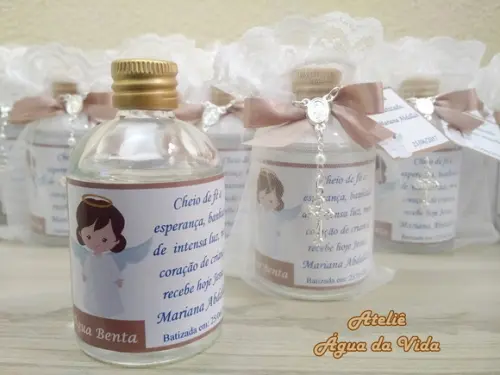 Lembrancinha Batizado Água Benta Vidro com Terço e Organza