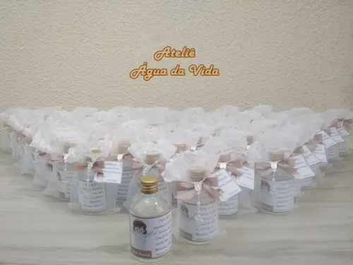 Lembrancinha Batizado Água Benta Vidro com Terço e Organza