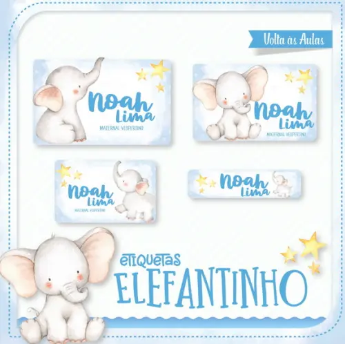 Etiqueta escolar Elefantinho azul