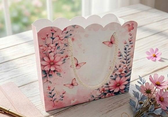 Sacolinha Personalizada Floral Rosa e Borboletas Aquarela