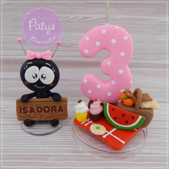 Vela Decorada Picnic Rosa + Formiguinha com Nome