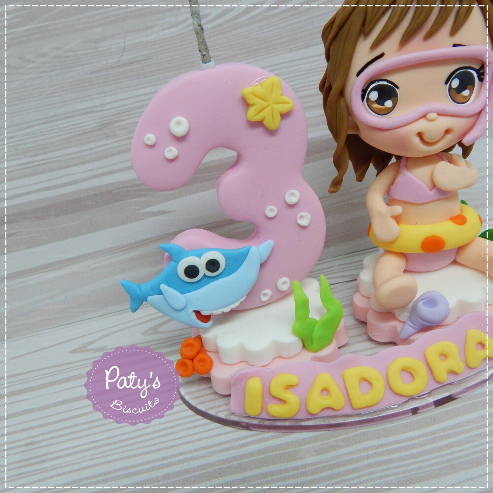 Topo com Vela Personalizado Baby Shark (vela rosa)