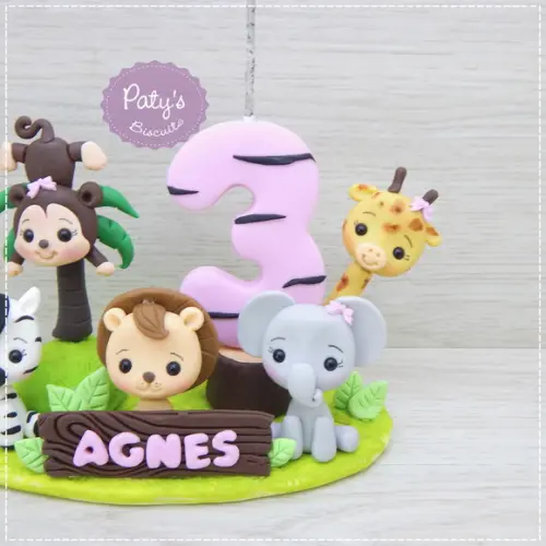 Topinho com Vela Safari Menina (5 bichinhos)