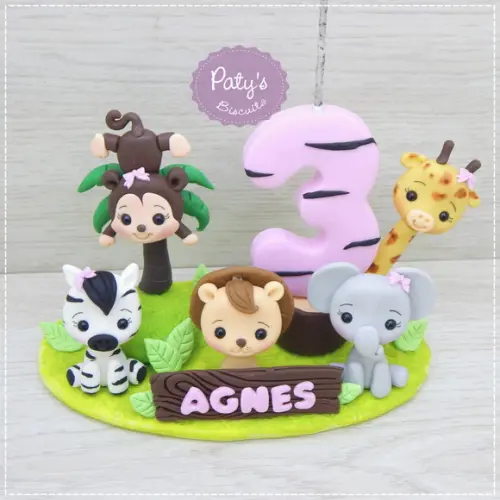 Topinho com Vela Safari Menina (5 bichinhos)