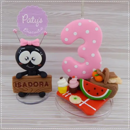 Vela Decorada Picnic Rosa + Formiguinha com Nome