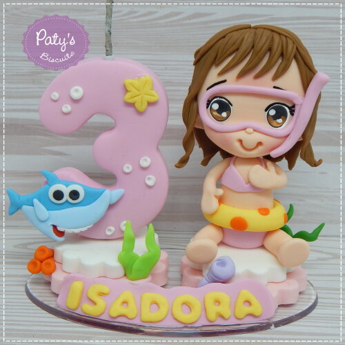 Topo com Vela Personalizado Baby Shark (vela rosa)