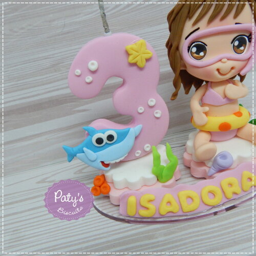 Topo com Vela Personalizado Baby Shark (vela rosa)